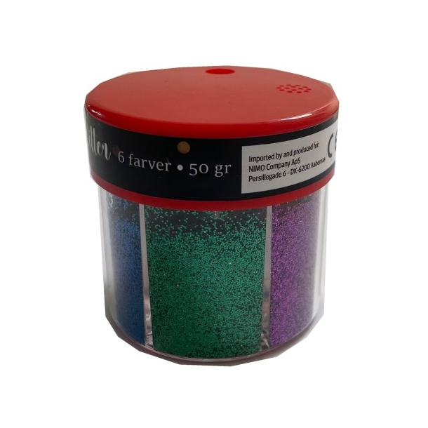 Glitterdse med 6 farver, 50g.