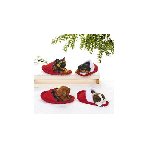 Hund, kunstpels, i hjemmesko - 8 cm