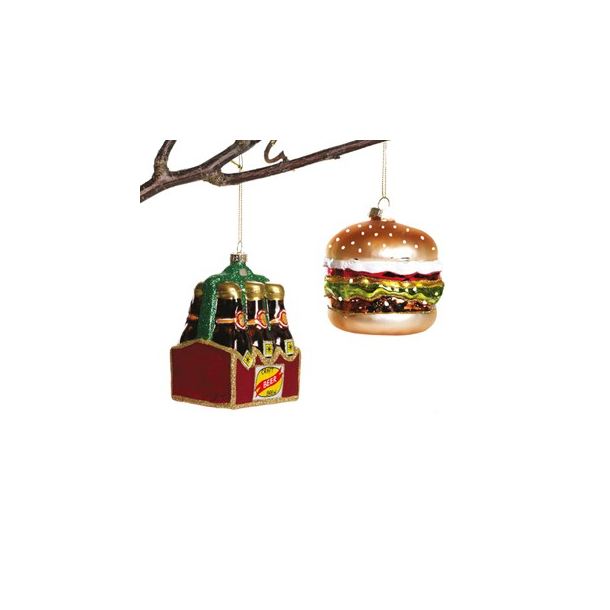 Julefigur, Glaspynt, burger eller lkasse, med snor,  2 ASS.