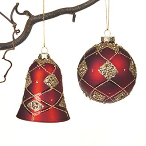 Klokke & kugle, glas, rd med guldglimmer og snor – 8 cm