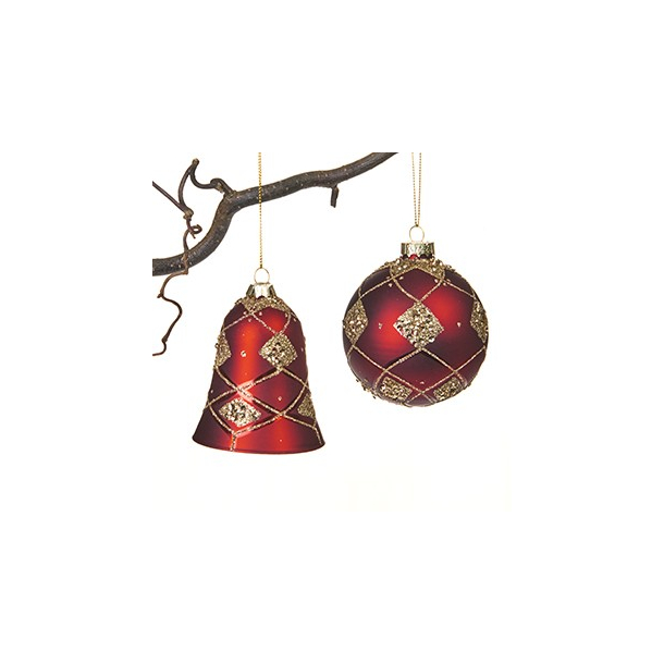 Klokke &amp; kugle, glas, rd med guldglimmer og snor &ndash; 8 cm