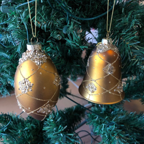 Klokke & ovalkugle, glas, guld med guldglimmer og snor