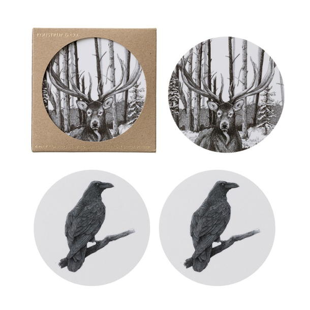Koustrup glasbrikker 4 stk. "Kronhjort/ravn"