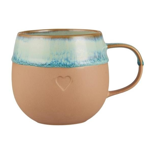 Krus m/hank, Heart, mat brunt ler m/aqua kant