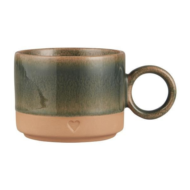 Krus m/hank, Heart, mat brunt ler m/grn kant