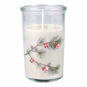 Lys i glas, gren med hjerter og flag