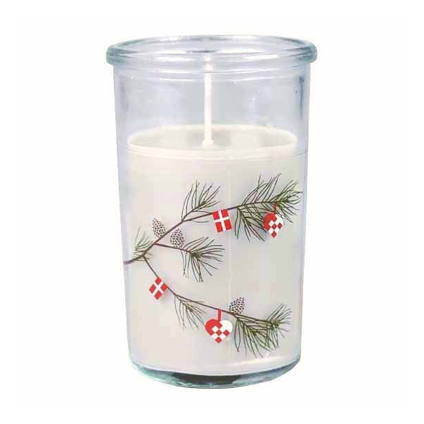 Lys i glas, gren med hjerter og flag