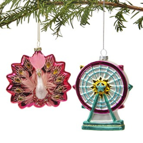 Julefigur, Pariserhjul & pfugl, glas, med snor & glimmer  11CM, 2 ASS.