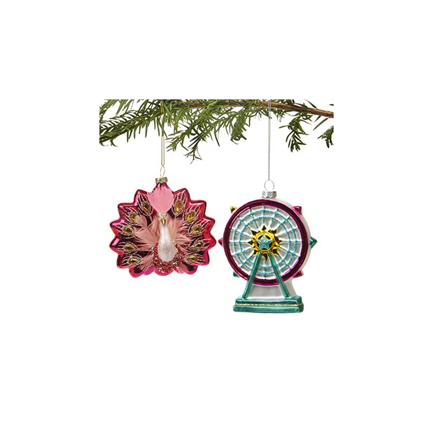 Julefigur, Pariserhjul &amp; pfugl, glas, med snor &amp; glimmer  11CM, 2 ASS.