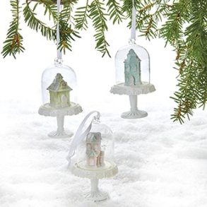 Pastel-hus, poly., i kuppel, med glimmer & snor, 11 cm, 3 farver