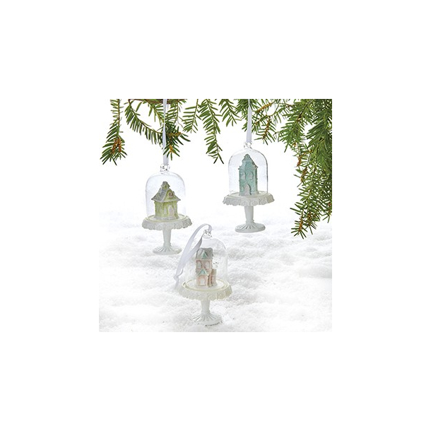 Pastel-hus, poly., i kuppel, med glimmer &amp; snor, 11 cm, 3 farver