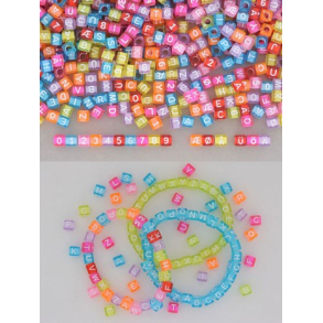 Perler i plast med alfabet og tal, farvet, 6x6mm