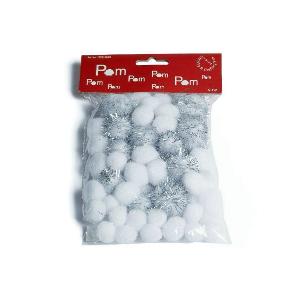 Pompon, 50 stk., Hvid og Slv