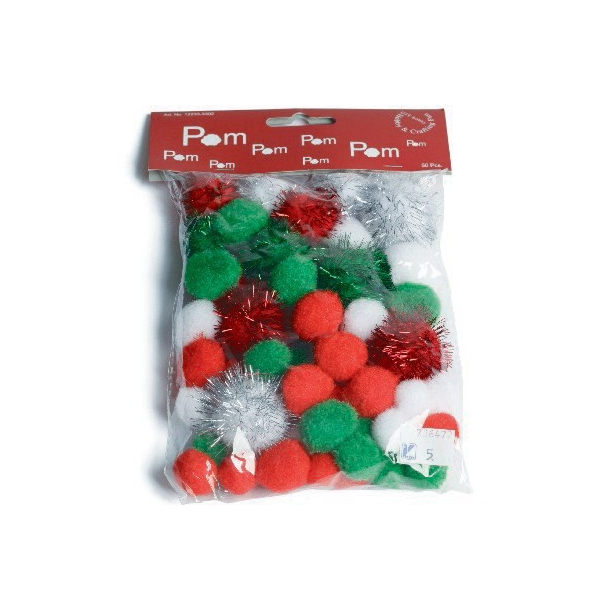 Pompon, 50 stk., Hvid, Rd, Grn