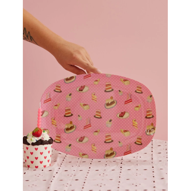 Rektangulr Melamin Brnetallerken - Pink - Sweet Cake Print