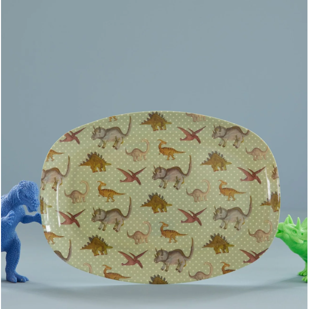 Rektangulr Melamin Brnetallerken - Stvet Bl - New Dino Print