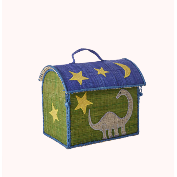 Rice, Ekstra lille Raffia Opbevaringshus, Grn, Dinossaur Theme 