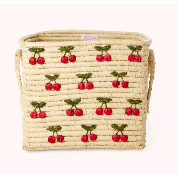 Rice, Firkantet Raffia Kurv, Natur, Small Cherries All Over Design 