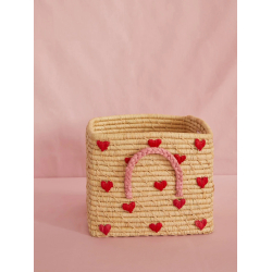 Rice Firkantet Raffia Kurv, Natural med rde hjerter