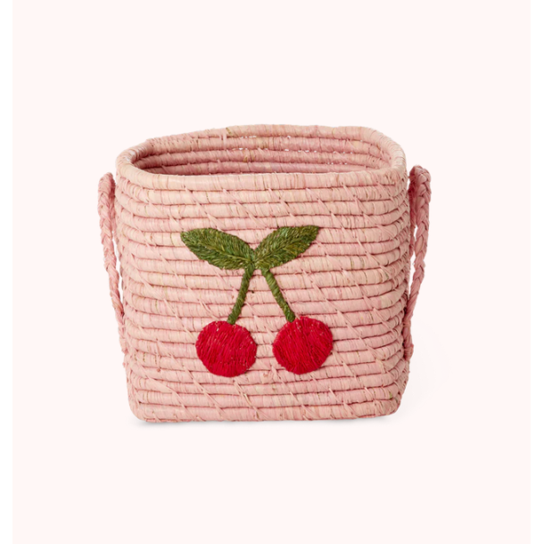 Rice, Lille Firkantet Raffia Kurv, Pink, kirsebr