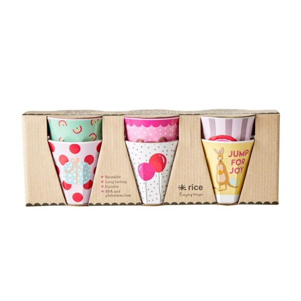Rice Lille Melamin Kop - Party Animal Print, Pink, 6 stk. 