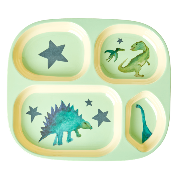 Rice Melamin Brnetallerken med 4 rum, Dinosaur Print
