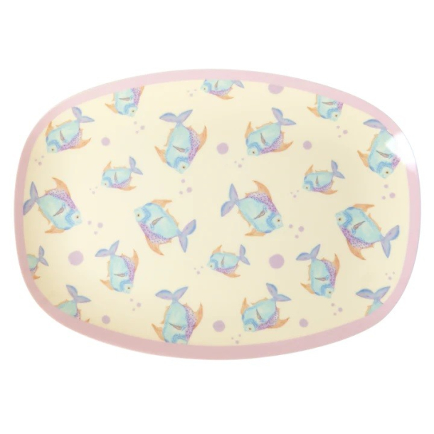 Rice stor rektangulr melamin tallerken, Creme, Fish
