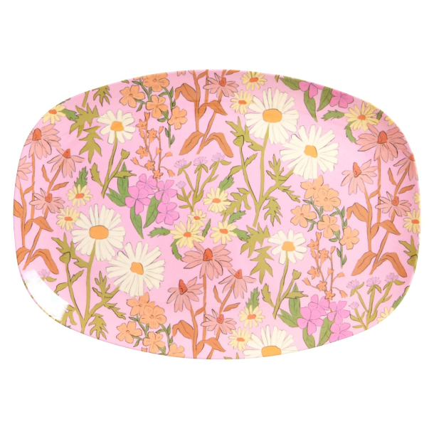 Rice stor rektangulr melamin tallerken, Lys Pink, Daisy Dearest Print
