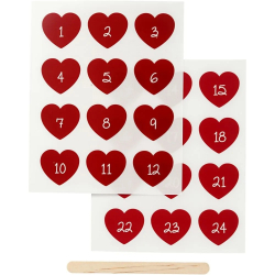Rub-On Stickers, hjerter, 1-24 kalendertal
