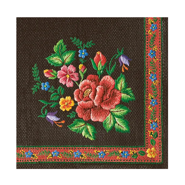 Servietter, Roses Mountain Embroidery Folk on black, 33x33cm, 3 lags, 20stk. 