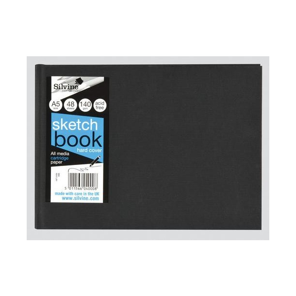 Silvine skitsebog A5, sort, hvidt papir, liggende