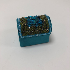 Smykkeske med stof, bjlder og palietter, 4 cm, mini, turkis