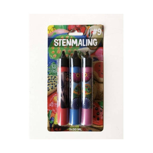 Stenmaling, 3x30 ml, rd-bl-lyserd, metallic