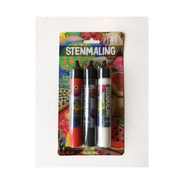 Stenmaling, 3x30 ml, rd-sort-hvid