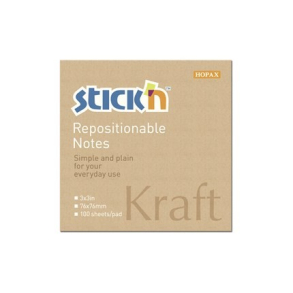 Stick'n selvklbende notesblok 76x76mm - Kraft