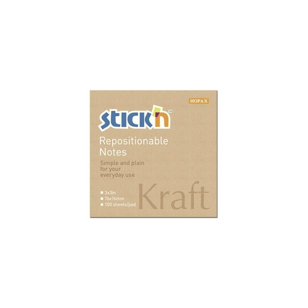 Stick'n selvklbende notesblok 76x76mm - Kraft