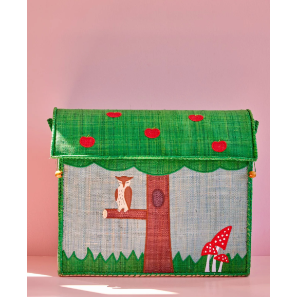 Stor Raffia Opbevaringshus - Bl - Happy Forest Print