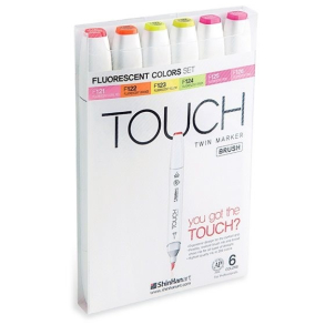 Touch BRUSH marker st med 6 stk., FLUORESCENT COLOURS