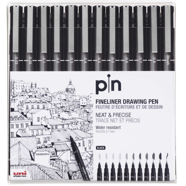 UNI pin 200 fineliner i etui m. 12 ass