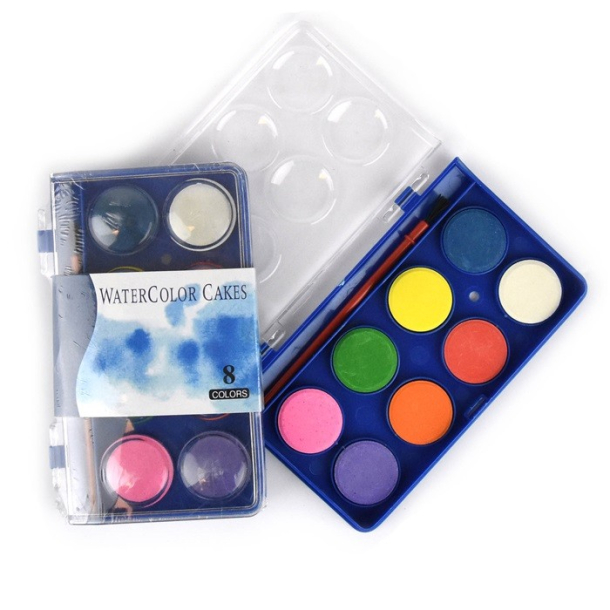 Vandfarver m. pensel, 8 farver