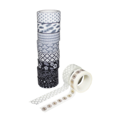 Washi Tape, 10 rl., sort/hvid/gr